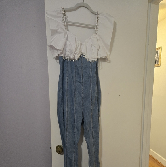 Pants - Stylish White and Denim Jumpsuit